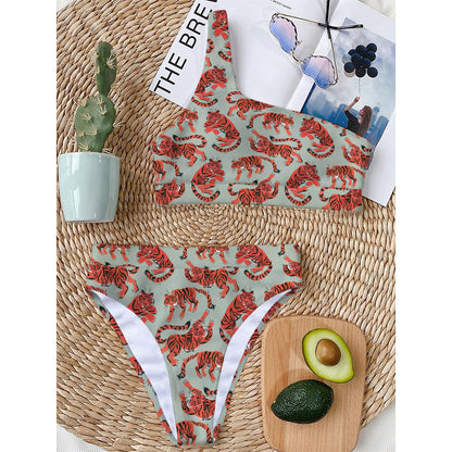 Gouache Tiger Pattern Print One Shoulder Bikini Top