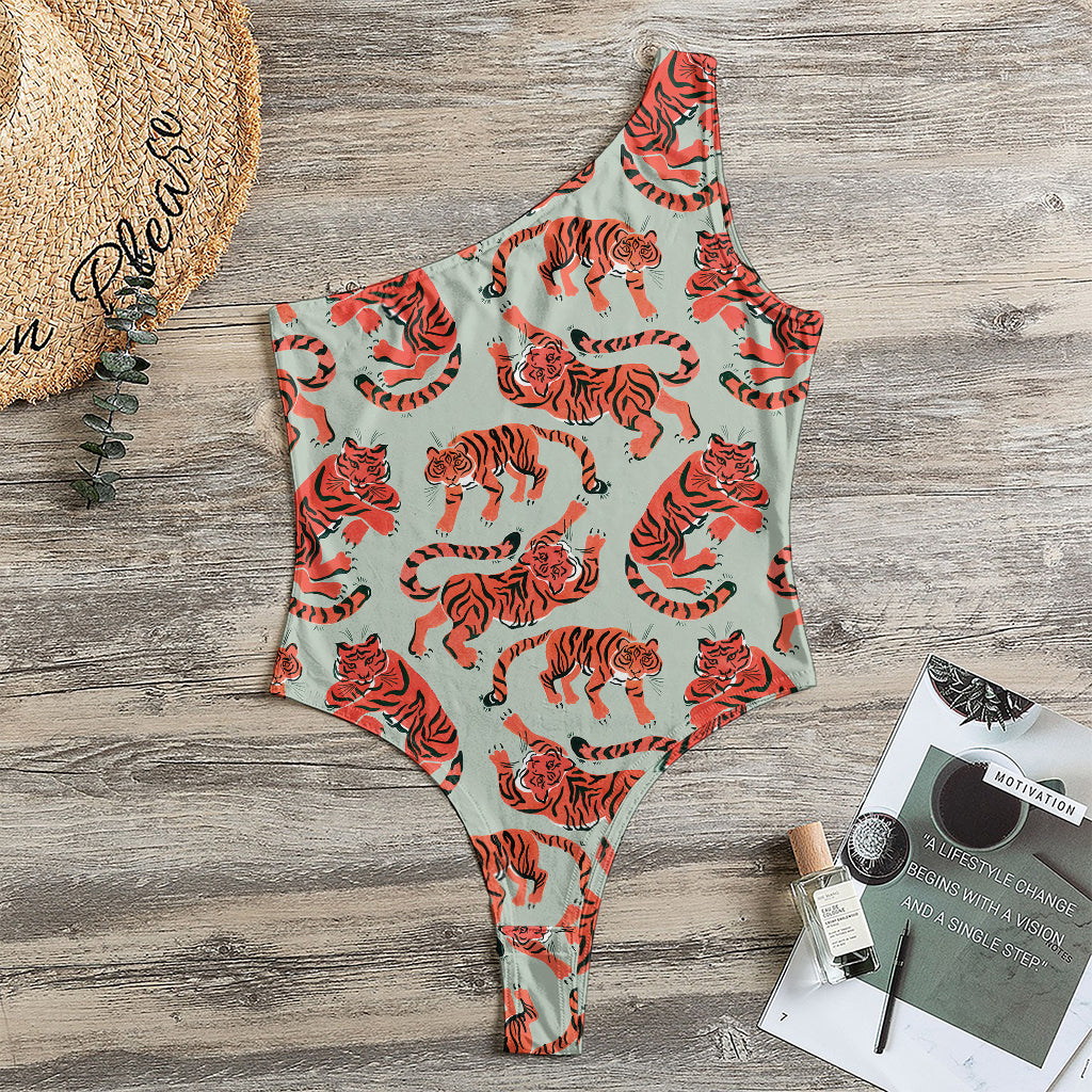 Gouache Tiger Pattern Print One Shoulder Bodysuit