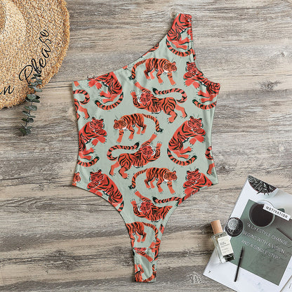 Gouache Tiger Pattern Print One Shoulder Bodysuit