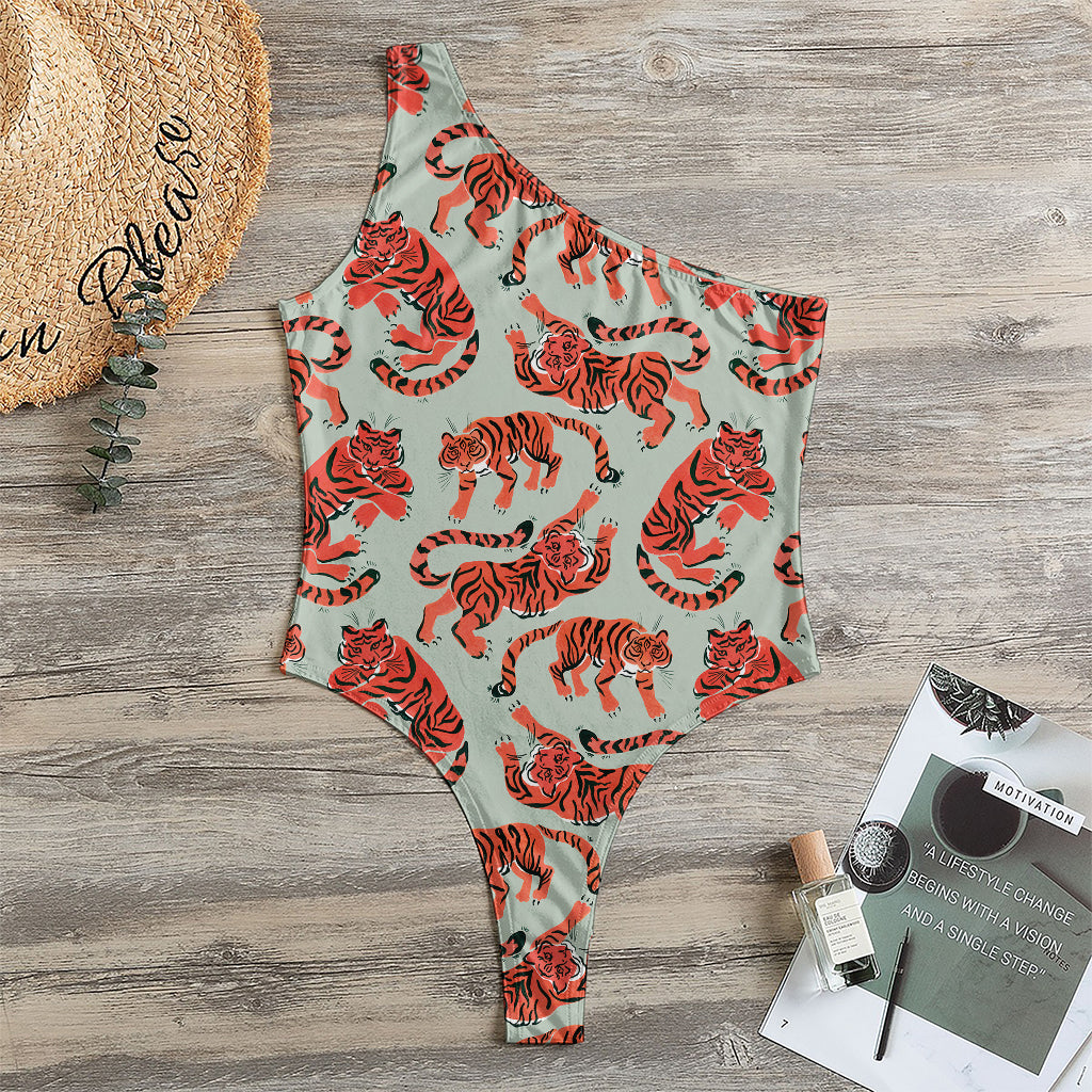 Gouache Tiger Pattern Print One Shoulder Bodysuit