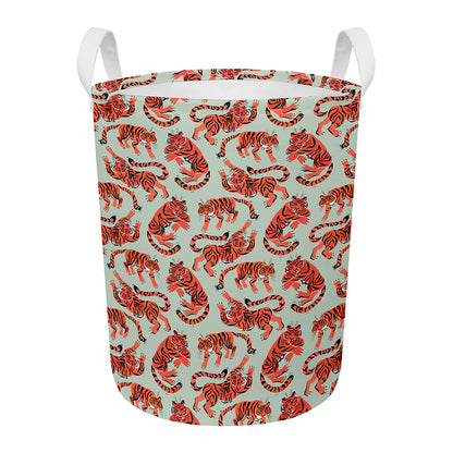 Gouache Tiger Pattern Print Round Laundry Basket