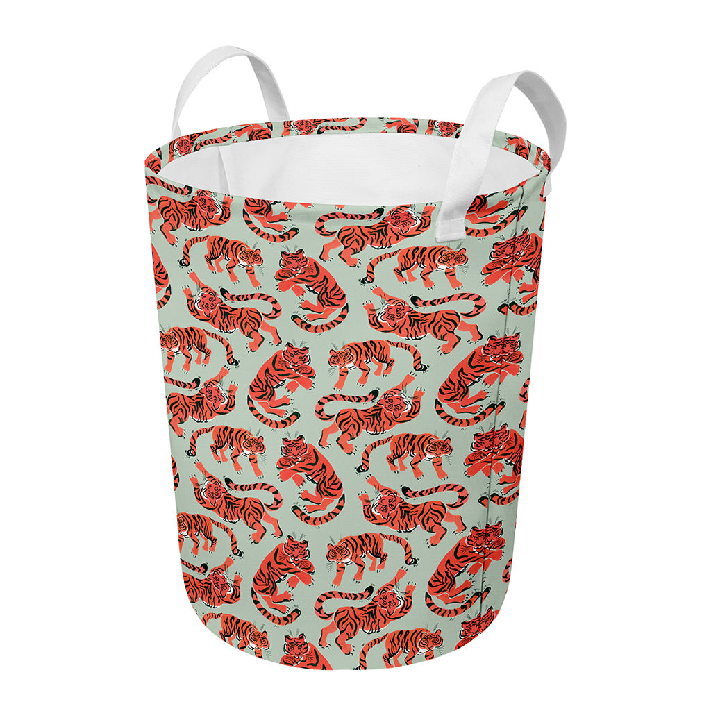 Gouache Tiger Pattern Print Round Laundry Basket