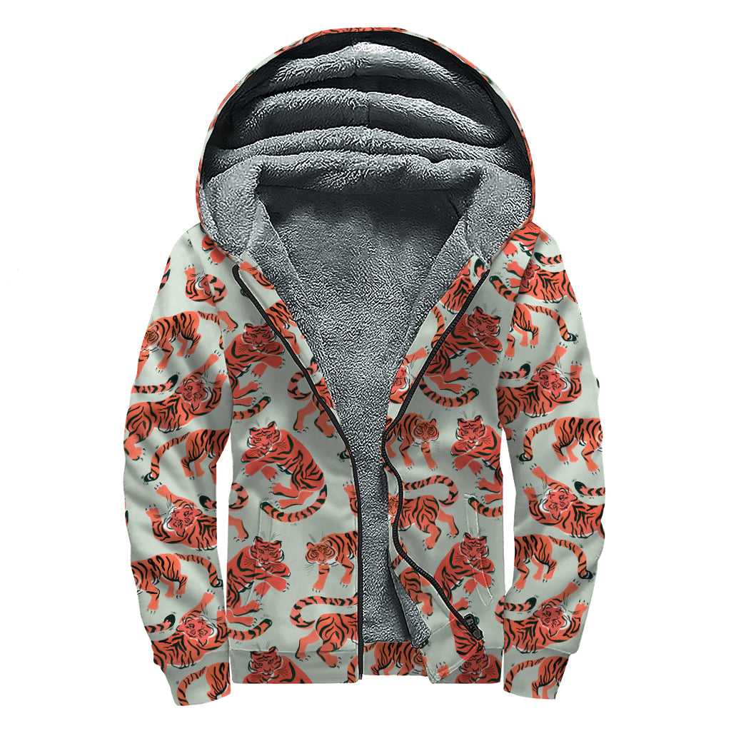 Gouache Tiger Pattern Print Sherpa Lined Zip Up Hoodie