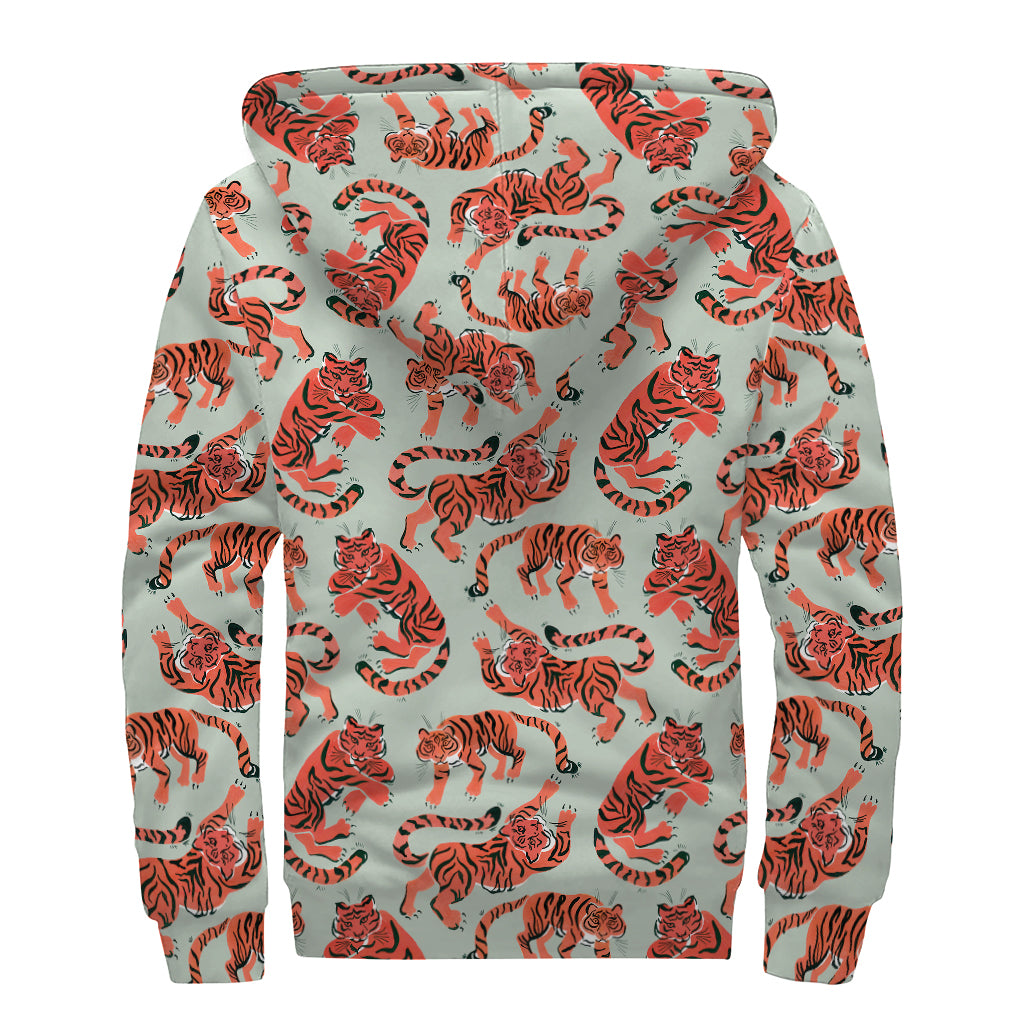Gouache Tiger Pattern Print Sherpa Lined Zip Up Hoodie