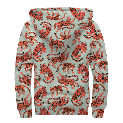 Gouache Tiger Pattern Print Sherpa Lined Zip Up Hoodie