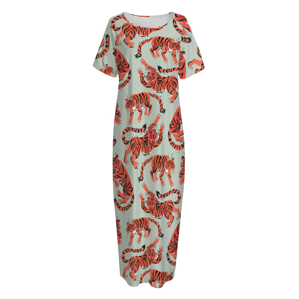 Gouache Tiger Pattern Print Short Sleeve Long Nightdress