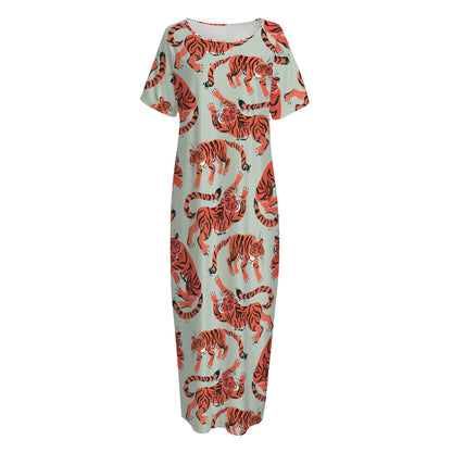 Gouache Tiger Pattern Print Short Sleeve Long Nightdress