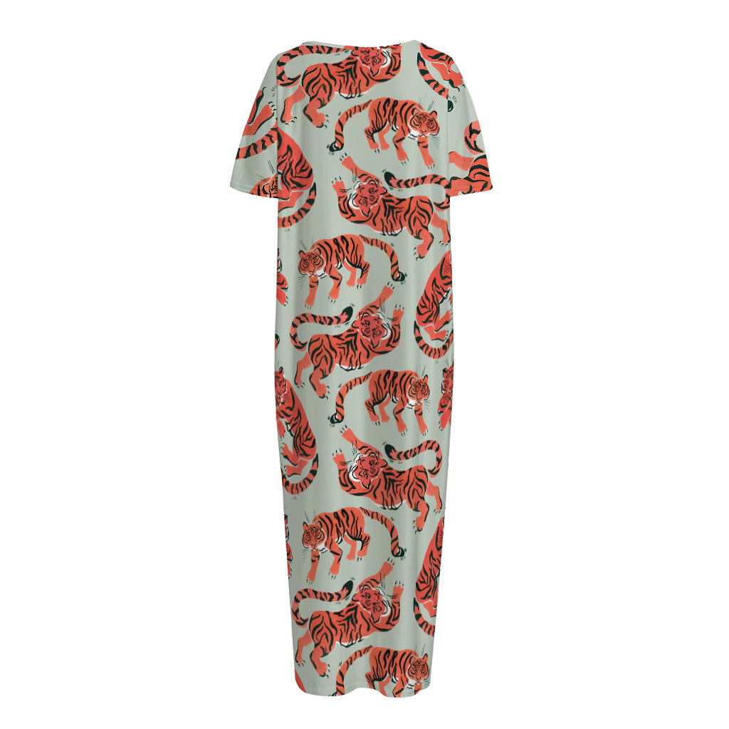 Gouache Tiger Pattern Print Short Sleeve Long Nightdress