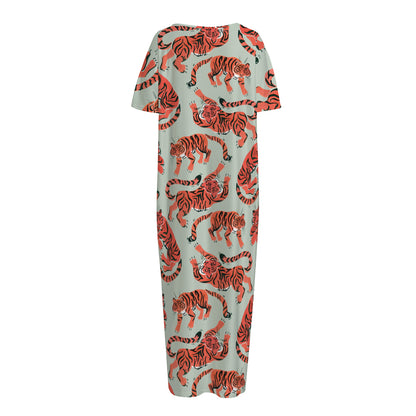 Gouache Tiger Pattern Print Short Sleeve Long Nightdress