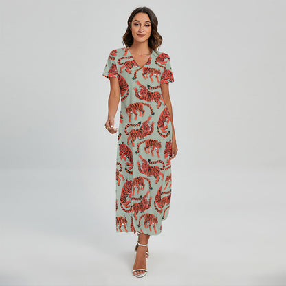 Gouache Tiger Pattern Print Short Sleeve Maxi Dress