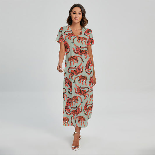 Gouache Tiger Pattern Print Short Sleeve Maxi Dress