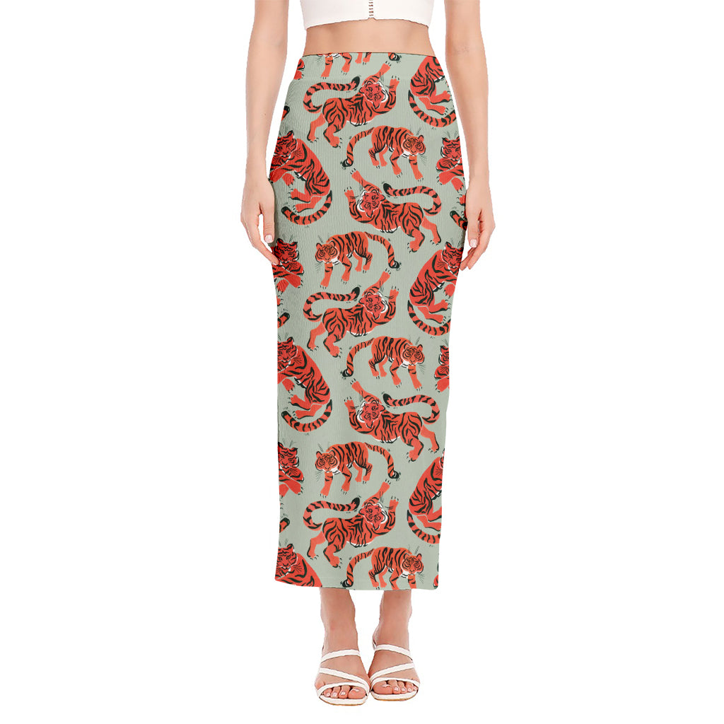 Gouache Tiger Pattern Print Side Slit Maxi Skirt