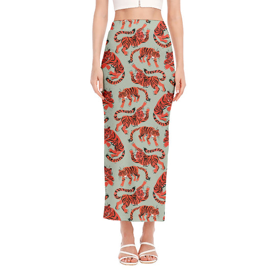 Gouache Tiger Pattern Print Side Slit Maxi Skirt