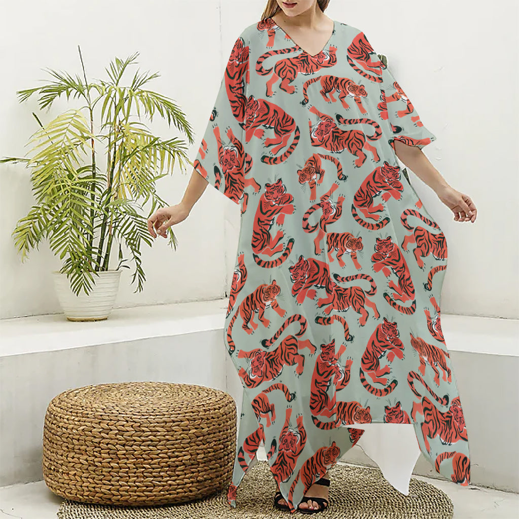 Gouache Tiger Pattern Print Silk V-Neck Kaftan Dress