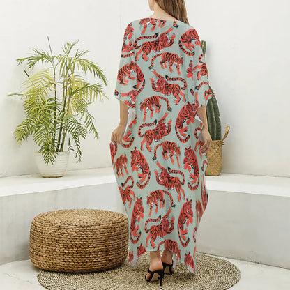 Gouache Tiger Pattern Print Silk V-Neck Kaftan Dress