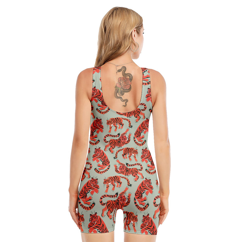 Gouache Tiger Pattern Print Sleeveless One Piece Swimsuit