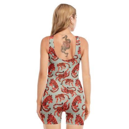 Gouache Tiger Pattern Print Sleeveless One Piece Swimsuit