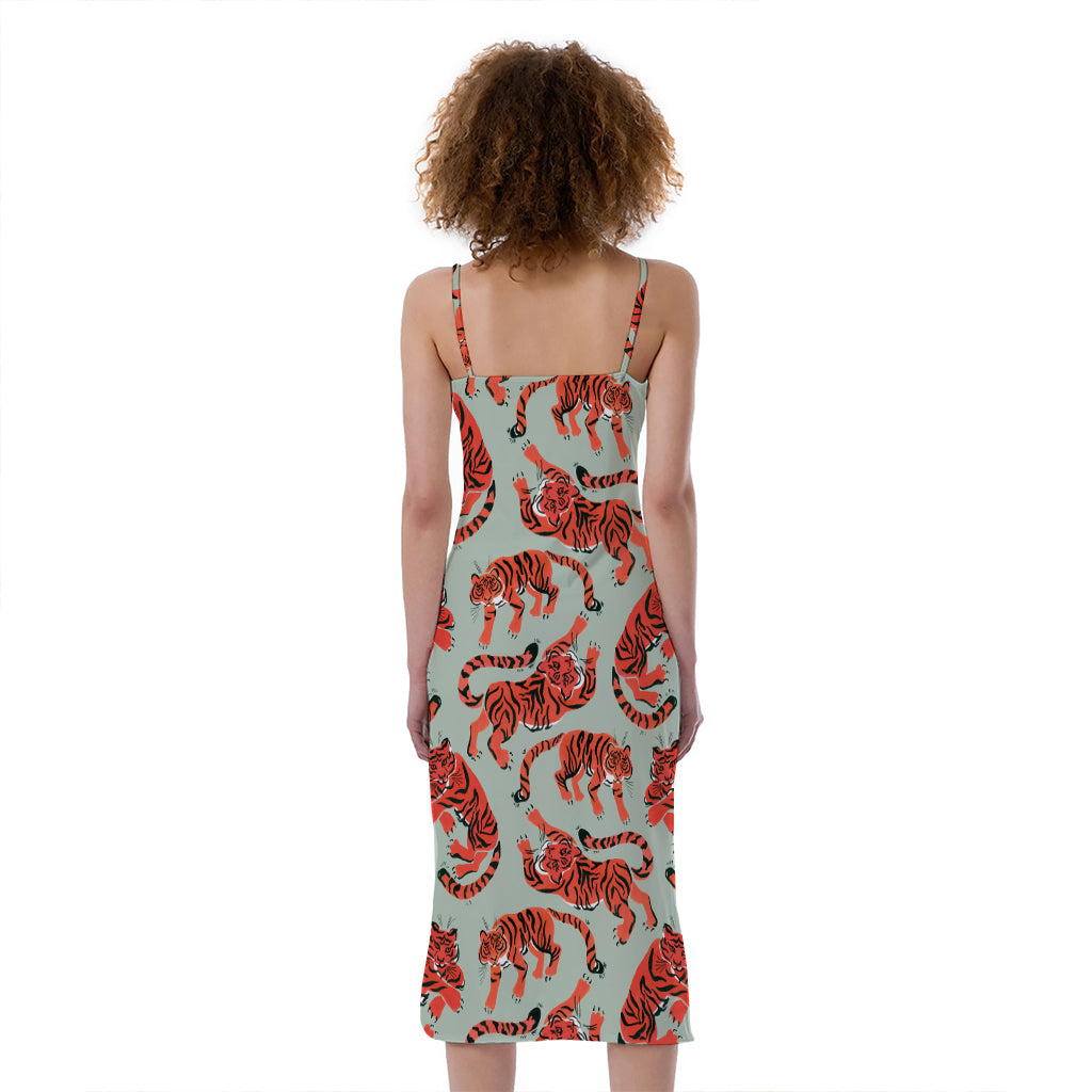 Gouache Tiger Pattern Print Slim Fit Midi Cami Dress