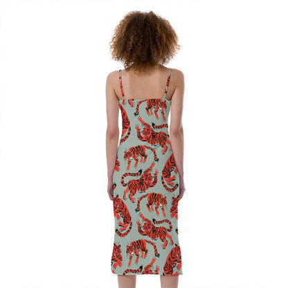 Gouache Tiger Pattern Print Slim Fit Midi Cami Dress