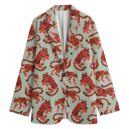 Gouache Tiger Pattern Print Women's Cotton Blazer