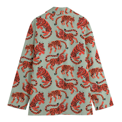 Gouache Tiger Pattern Print Women's Cotton Blazer