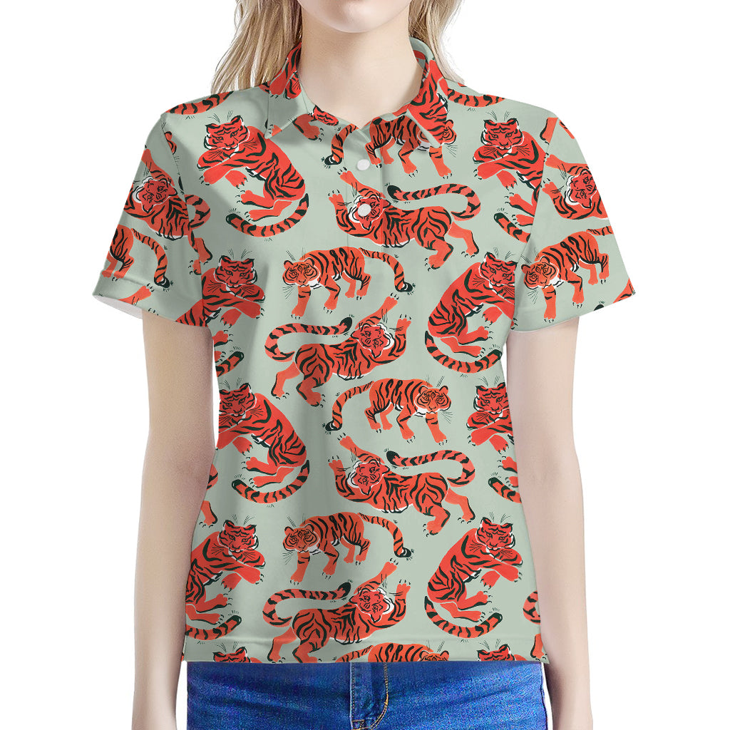 Gouache Tiger Pattern Print Women's Polo Shirt