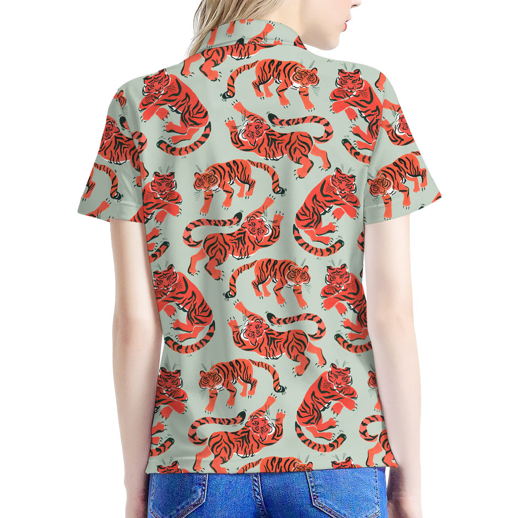 Gouache Tiger Pattern Print Women's Polo Shirt