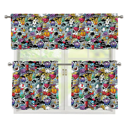 Graffiti Cartoon Characters Print 3 Piece Kitchen Curtains