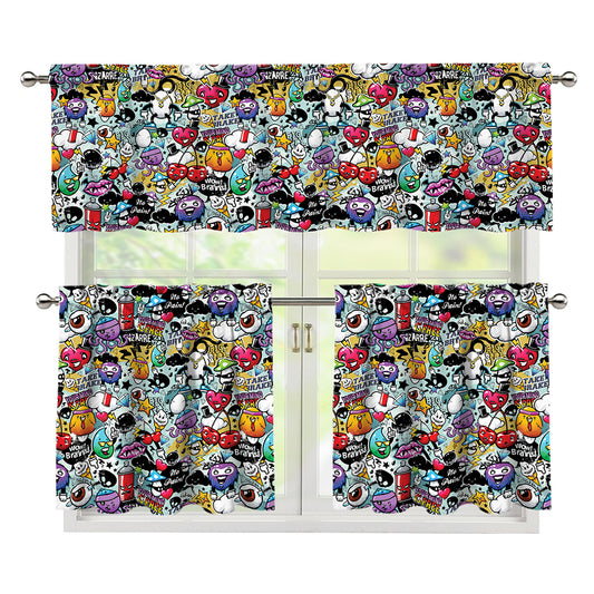 Graffiti Cartoon Characters Print 3 Piece Kitchen Curtains