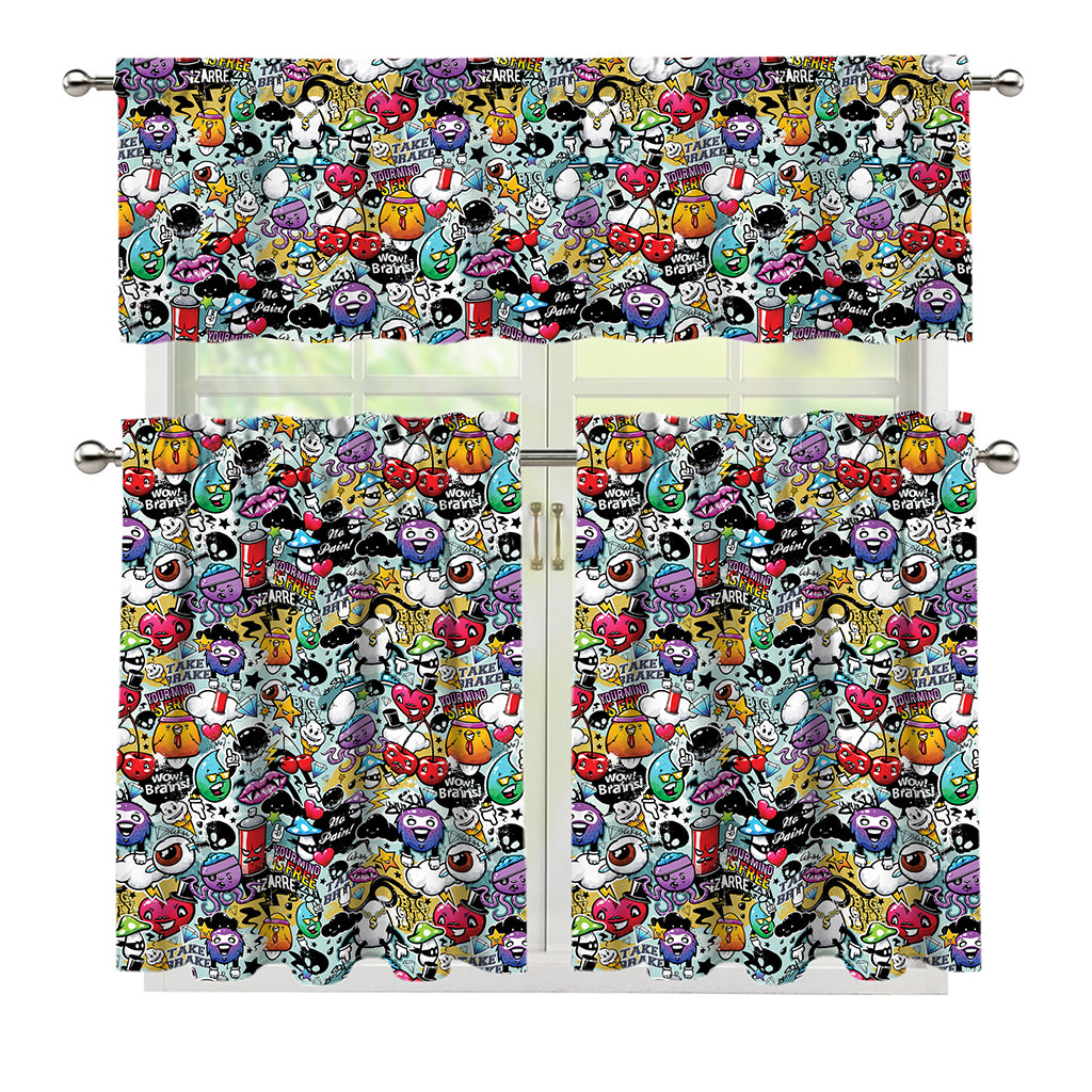 Graffiti Cartoon Characters Print 3 Piece Kitchen Curtains