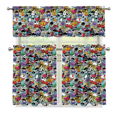 Graffiti Cartoon Characters Print 3 Piece Kitchen Curtains