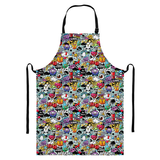 Graffiti Cartoon Characters Print Bib Apron With Pocket
