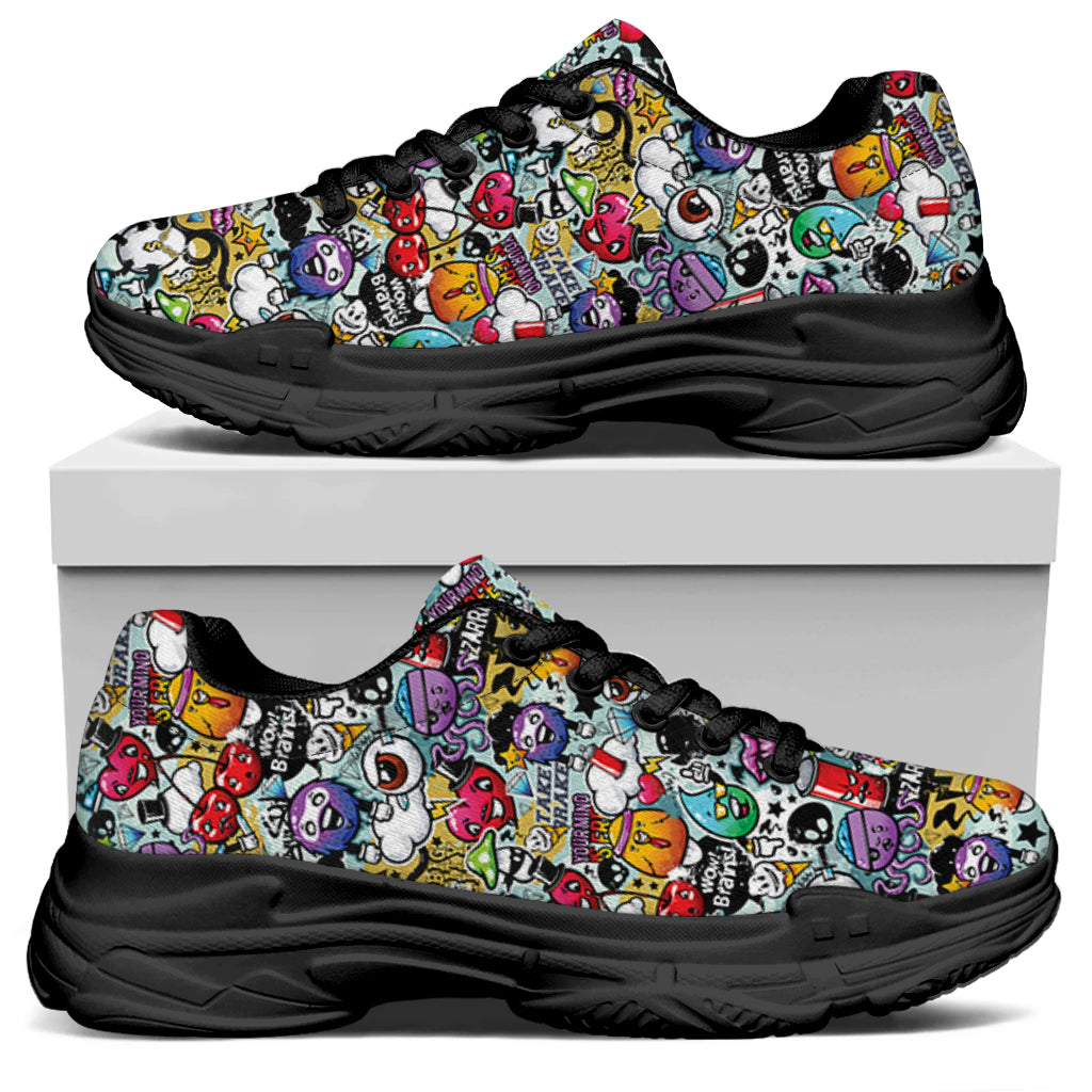 Graffiti Cartoon Characters Print Black Chunky Shoes