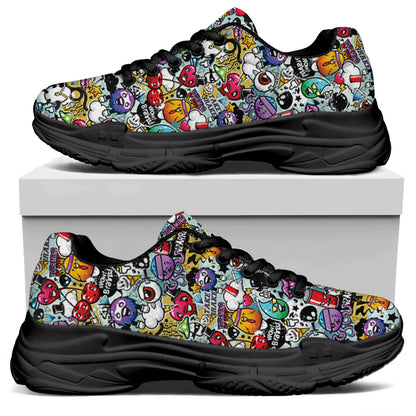Graffiti Cartoon Characters Print Black Chunky Shoes