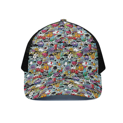 Graffiti Cartoon Characters Print Black Mesh Trucker Cap