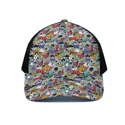 Graffiti Cartoon Characters Print Black Mesh Trucker Cap