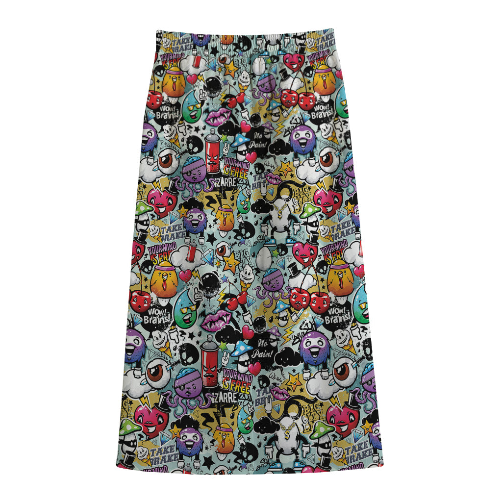 Graffiti Cartoon Characters Print Cotton Front Slit Maxi Skirt