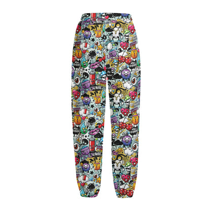 Graffiti Cartoon Characters Print Fleece Lined Knit Pants