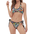 Graffiti Cartoon Characters Print Halter Scoop Tie Side Bikini