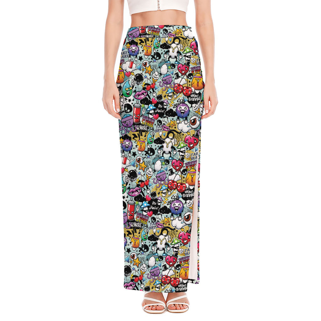 Graffiti Cartoon Characters Print High Slit Maxi Skirt