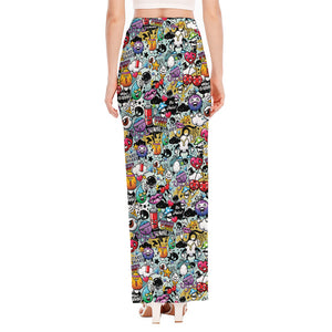 Graffiti Cartoon Characters Print High Slit Maxi Skirt