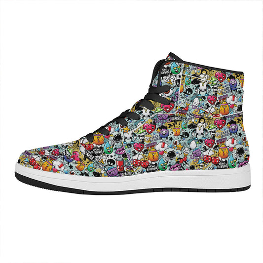 Graffiti Cartoon Characters Print High Top Leather Sneakers