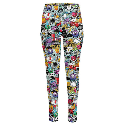 Graffiti Cartoon Characters Print High-Waisted Pocket Leggings