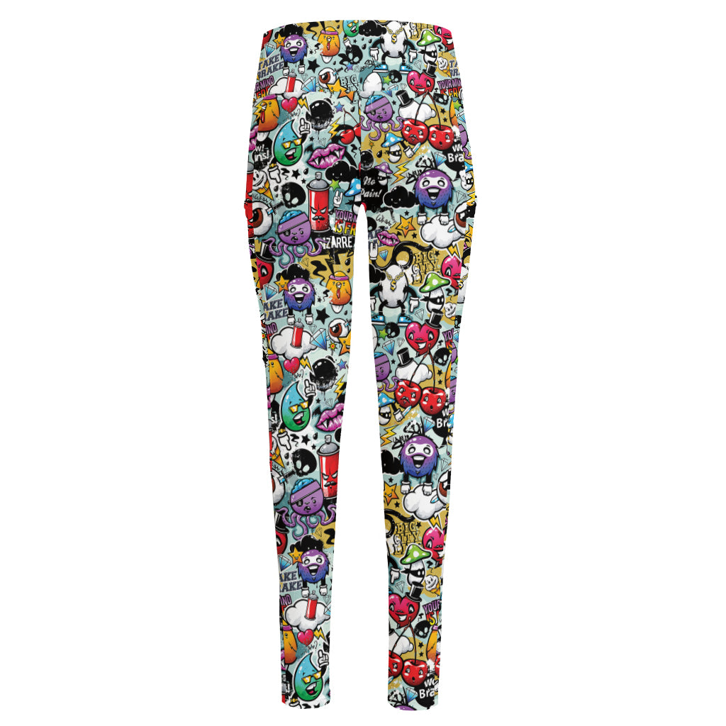 Graffiti Cartoon Characters Print High-Waisted Pocket Leggings