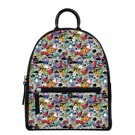 Graffiti Cartoon Characters Print Leather Backpack