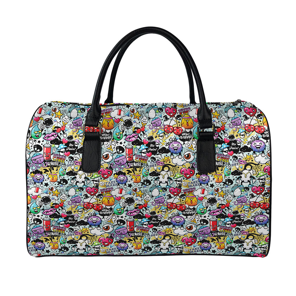 Graffiti Cartoon Characters Print Leather Duffle Bag