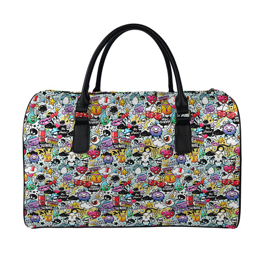 Graffiti Cartoon Characters Print Leather Duffle Bag