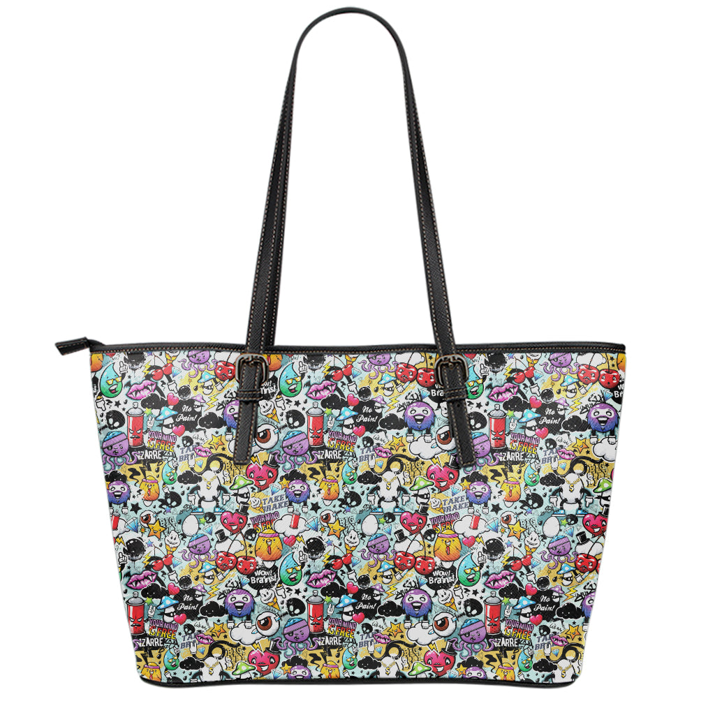 Graffiti Cartoon Characters Print Leather Tote Bag