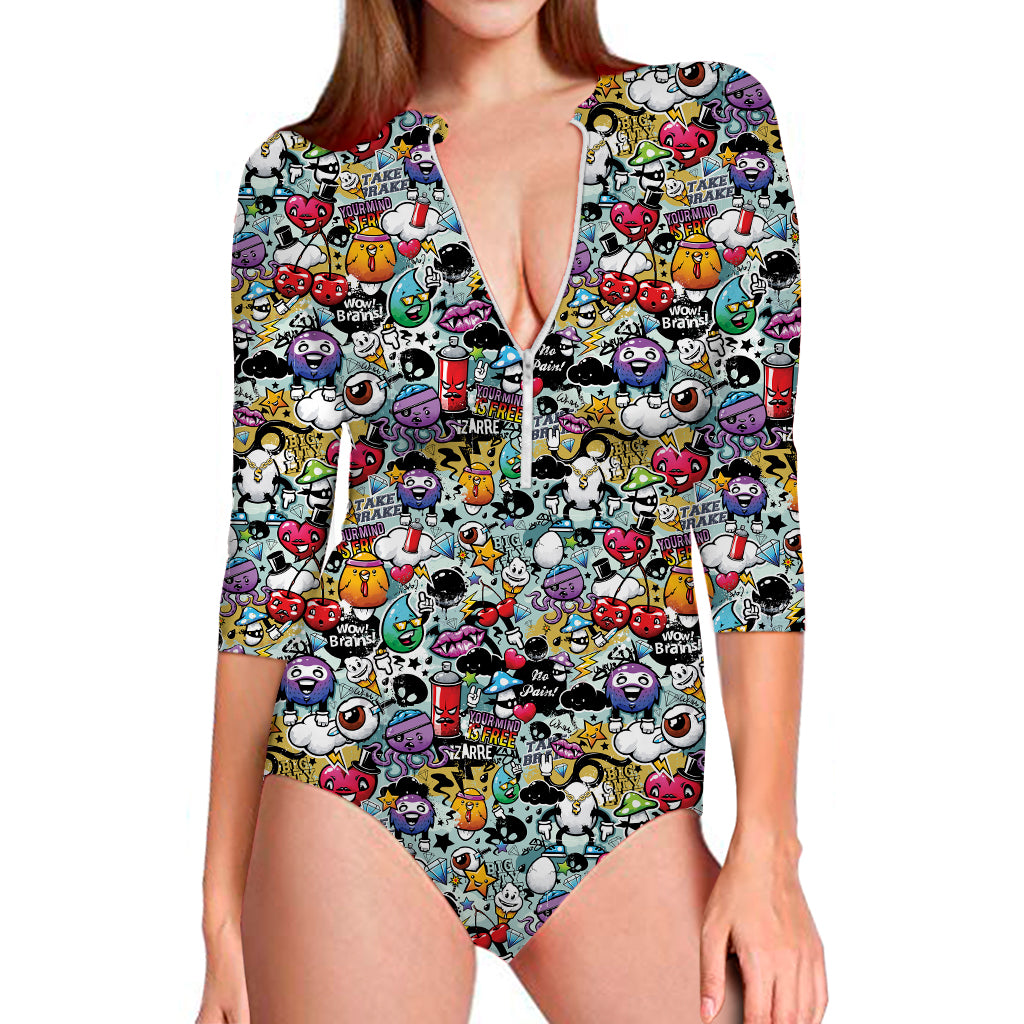 Graffiti Cartoon Characters Print Long Sleeve Swimsuit