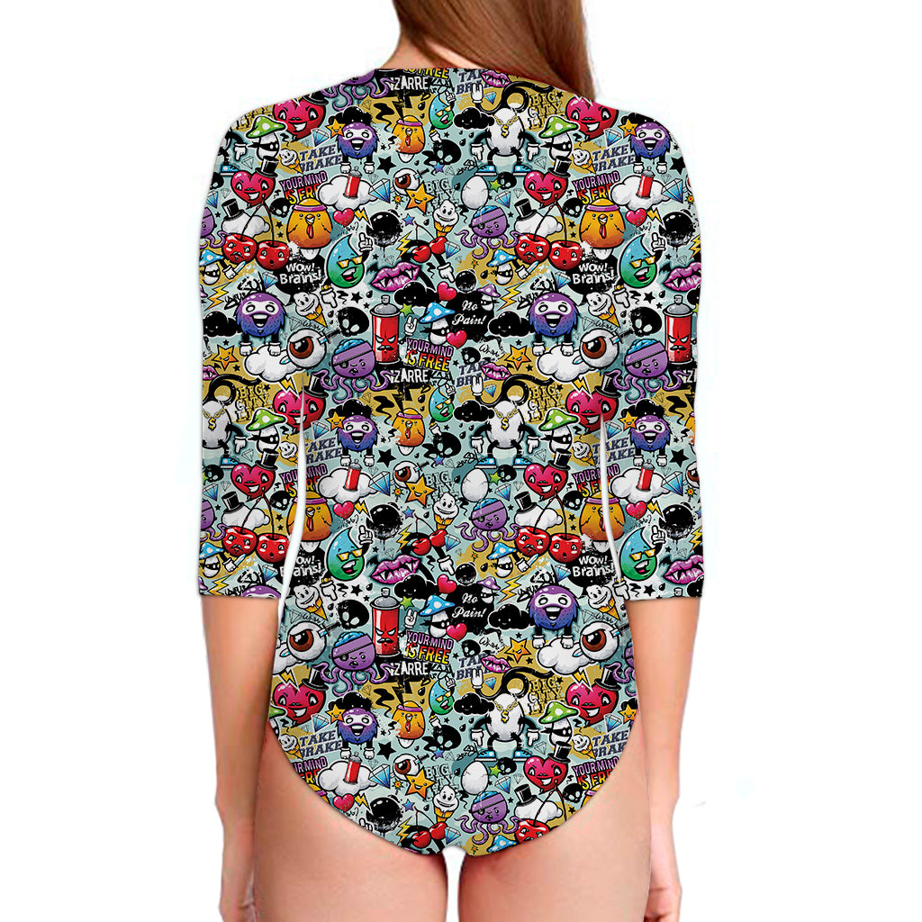 Graffiti Cartoon Characters Print Long Sleeve Swimsuit